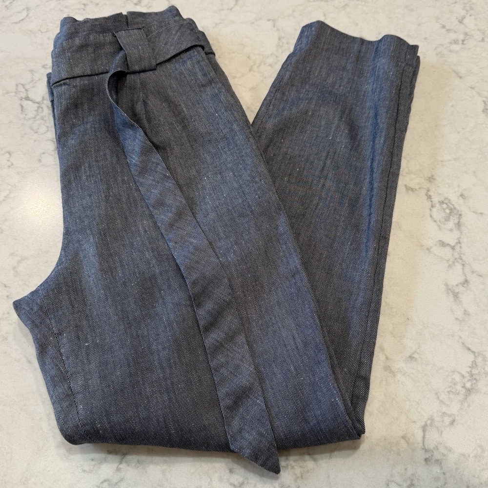 Express Linen Blend Pants Blue Chambray High-Rise Tapered Ankle Tie Belt 2R